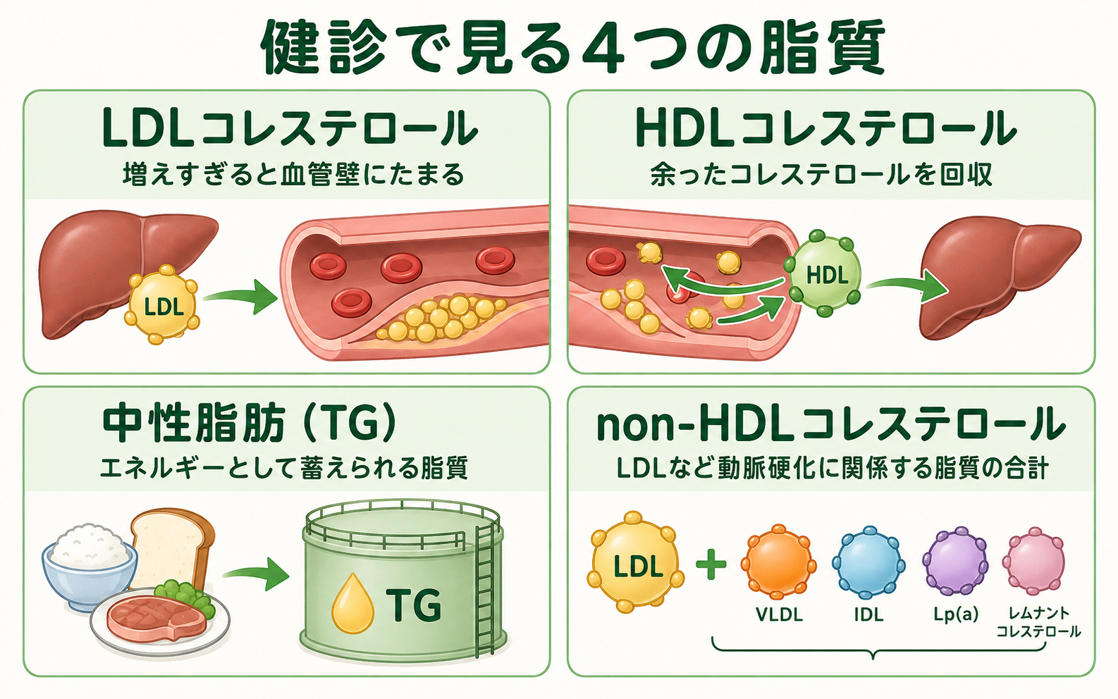 健診で見る4つの脂質（LDLコレステロール・HDLコレステロール・中性脂肪・non-HDLコレステロール）の役割を示す図解