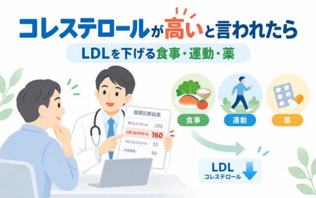 健康診断でLDLコレステロールが高いと指摘された患者に、医師が食事・運動・薬による改善方法を説明しているイラスト