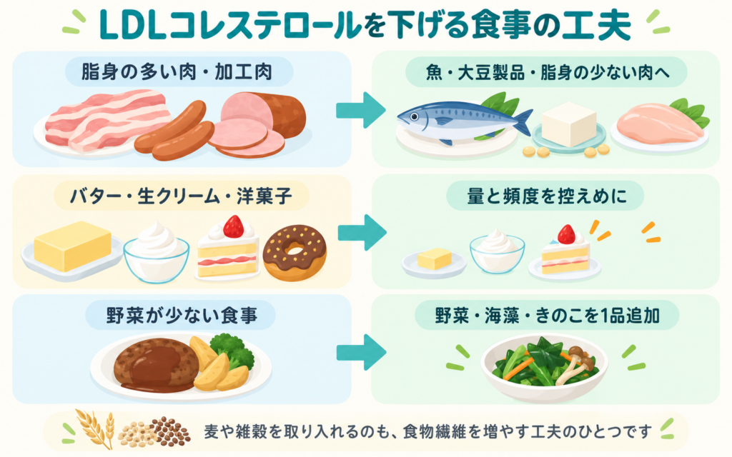 LDLコレステロールを下げる食事の工夫。脂身の多い肉・加工肉は魚や大豆製品・脂身の少ない肉へ、バターや生クリーム・洋菓子は量と頻度を控えめに、野菜が少ない食事には野菜・海藻・きのこを1品追加することを示した図