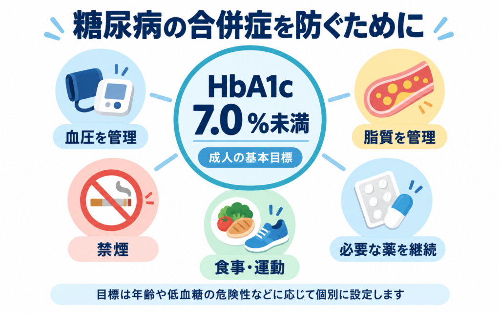 HbA1c 7.0%未満の目標と血圧・脂質・禁煙・食事運動・服薬の5つの取り組みを示す図解
