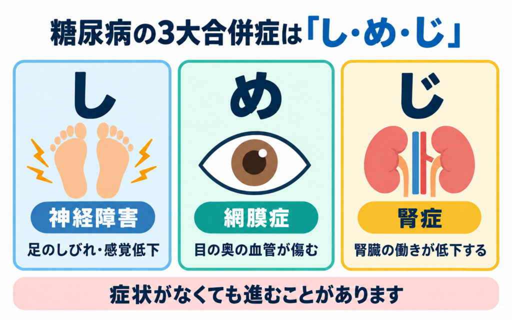 糖尿病の3大合併症「し・め・じ」=神経障害・網膜症・腎症を示す図解