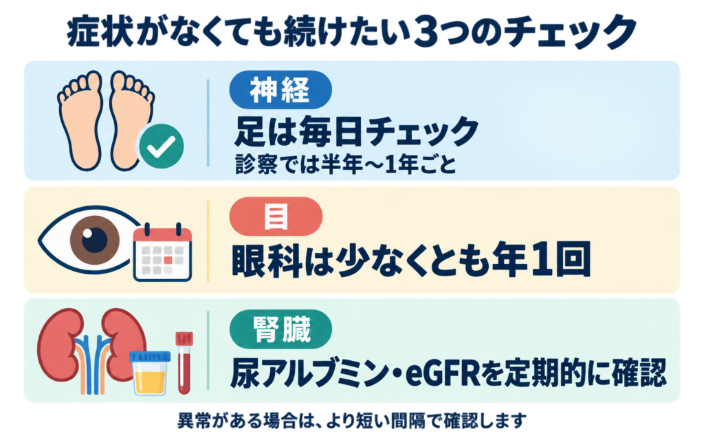 神経・目・腎臓の3つのチェックを示す図解、し・め・じ順