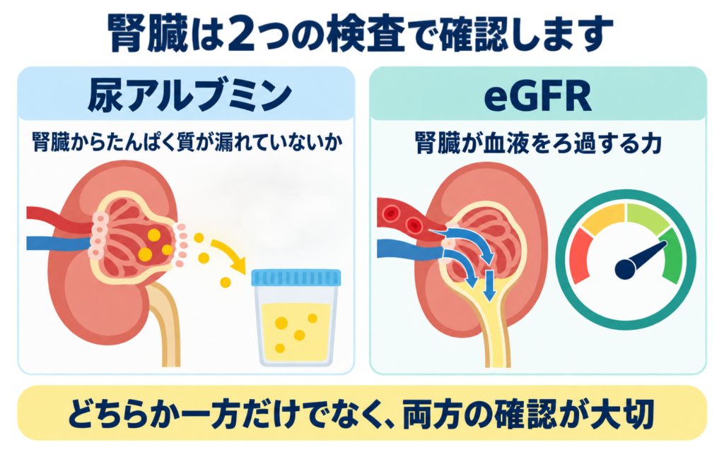 尿アルブミンとeGFR、2つの検査の違いを示す図解