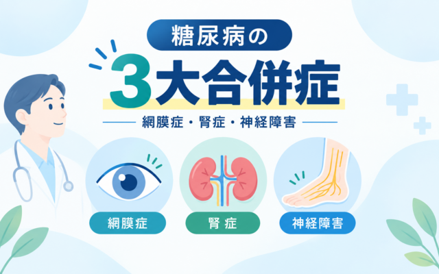 糖尿病の3大合併症（網膜症・腎症・神経障害）を紹介する医師のイラストとアイコン