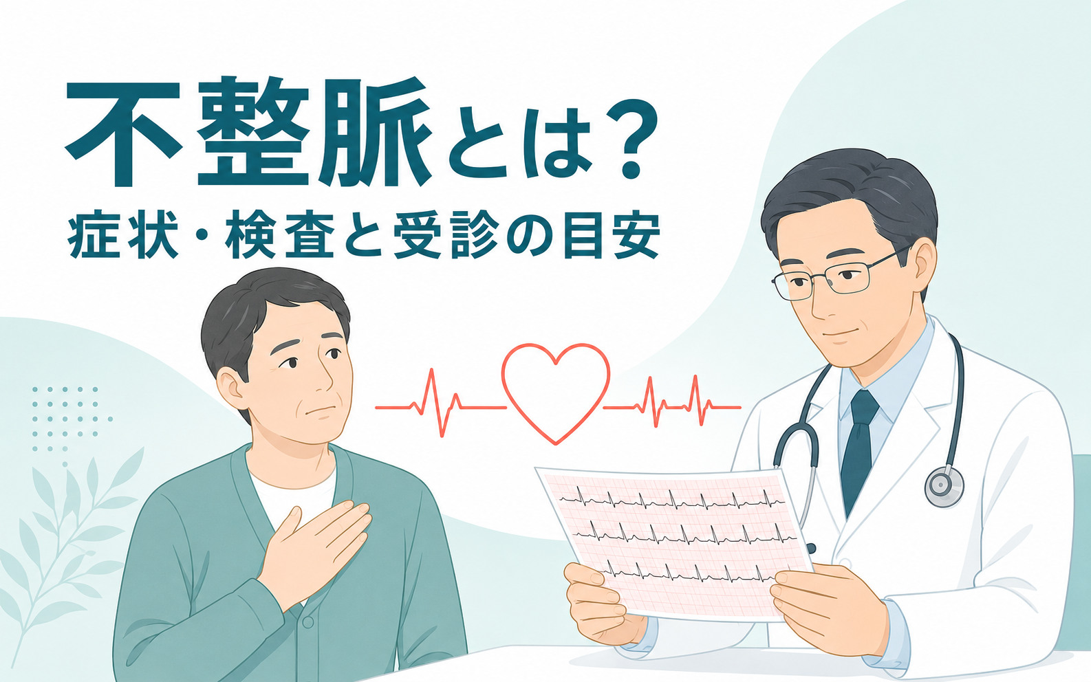 「不整脈とは？症状・検査と受診の目安」というタイトルを示すアイキャッチ画像。胸に手を当てる患者と、心電図の記録用紙を持つ医師のイラスト