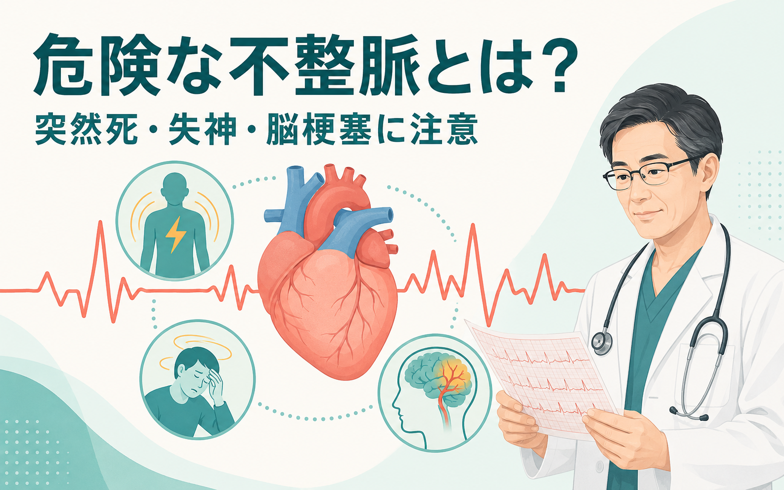 「危険な不整脈とは？突然死・失神・脳梗塞に注意」というタイトルを示すアイキャッチ画像。心臓と心電図を中心に、心停止・失神・脳梗塞の3つのリスクを表すアイコンと、心電図を確認する循環器医のイラスト
