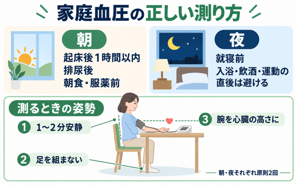 家庭血圧の正しい測り方を示した図解。朝は起床後1時間以内・排尿後・朝食や服薬の前に、夜は就寝前で入浴・飲酒・運動の直後を避けて測定し、測るときは1〜2分安静にして足を組まず腕を心臓の高さに置くという、朝夜それぞれ原則2回の測定手順を表している