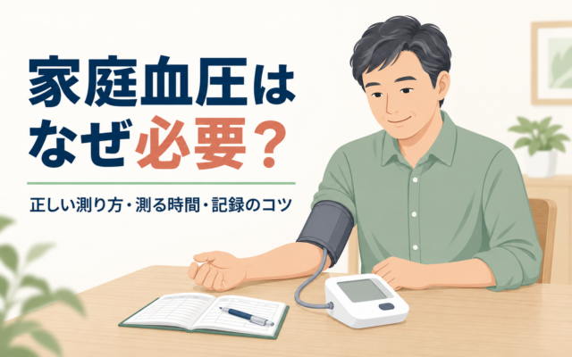 「家庭血圧はなぜ必要？正しい測り方・測る時間・記録のコツ」というタイトルを背景に、自宅で上腕式血圧計を使って血圧を測定する中高年男性のイラストと、血圧手帳が置かれた机を描いたアイキャッチ画像