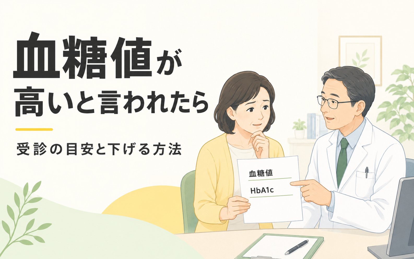 「血糖値が高いと言われたら｜受診の目安と下げる方法」というタイトルを示すアイキャッチ画像。健診結果を持つ患者に医師が血糖値とHbA1cの数値を説明しているイラスト