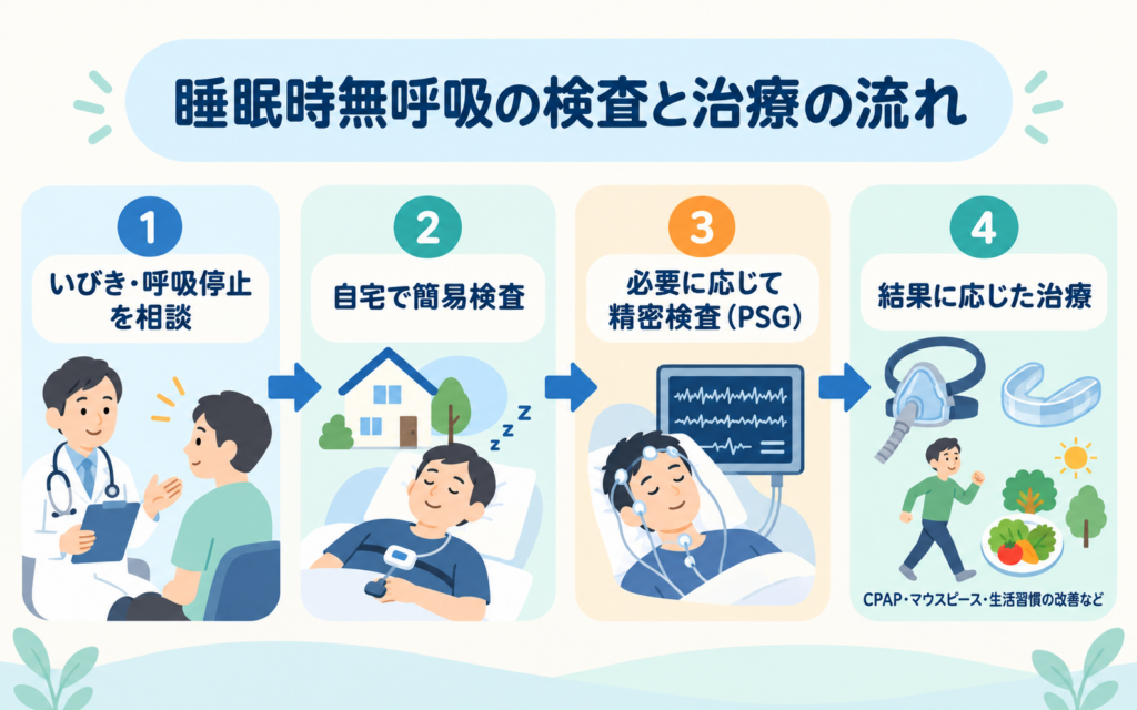 睡眠時無呼吸症候群の検査と治療の流れを4段階で示した図。①いびき・呼吸停止を相談、②自宅で簡易検査、③必要に応じて精密検査(PSG)、④結果に応じた治療(CPAP・マウスピース・生活習慣の改善など)