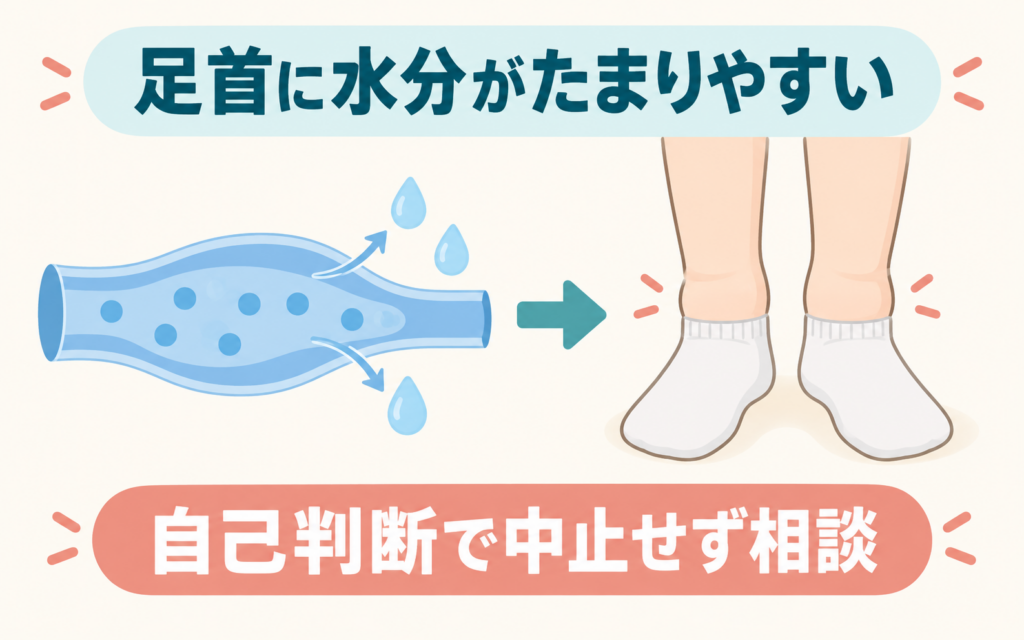 アムロジピンの副作用である足のむくみが起こるしくみの図。広がった血管から水分がしみ出す様子とむくんだ足首のイラストに「足首に水分がたまりやすい」「自己判断で中止せず相談」と添えている