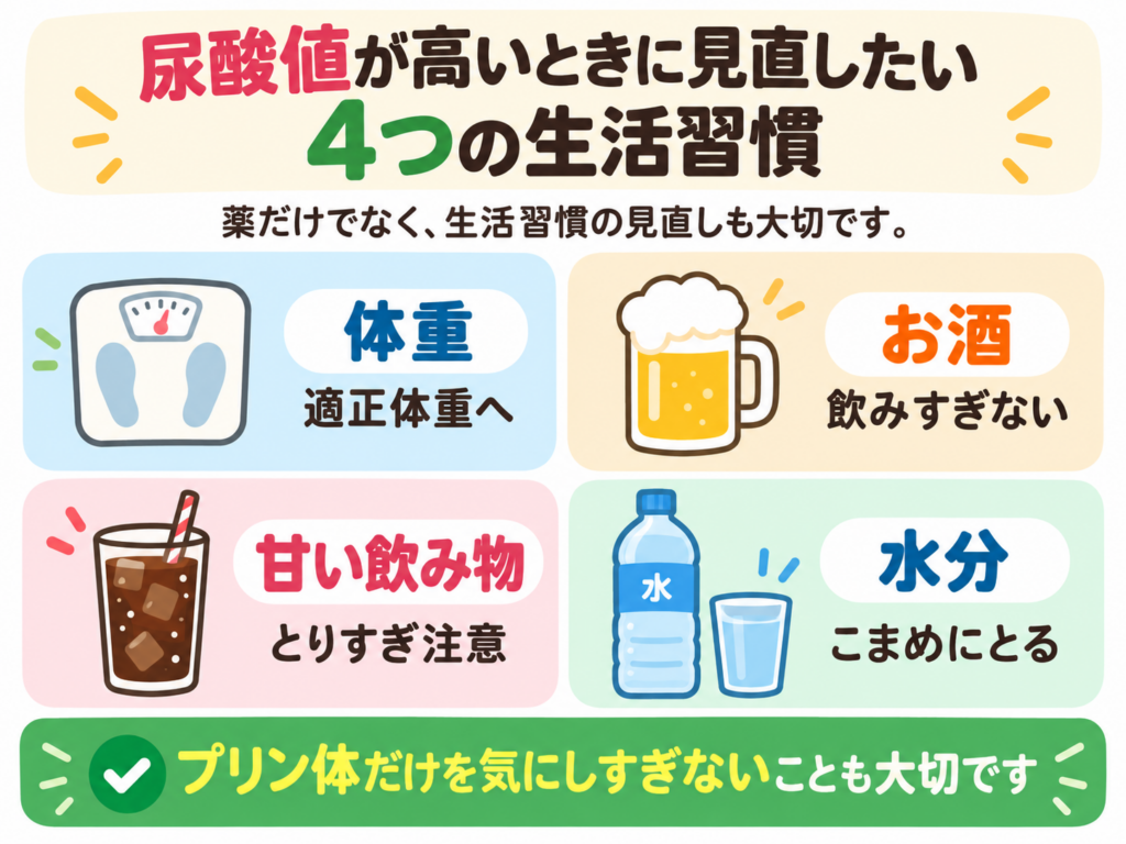尿酸値が高いときに見直したい4つの生活習慣を示す図解。適正体重を目指す、お酒を飲みすぎない、甘い飲み物のとりすぎに注意する、水分をこまめにとる、という4項目とプリン体だけを気にしすぎないことの大切さを示す