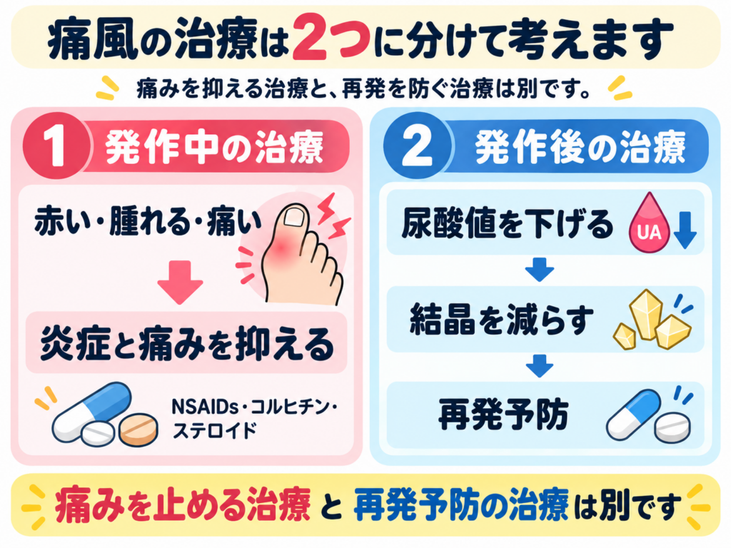 痛風の治療を発作中の治療と発作後の治療の2つに分けて示した図解。発作中はNSAIDs・コルヒチン・ステロイドで炎症と痛みを抑え、発作後は尿酸値を下げて結晶を減らし再発を予防することを示す