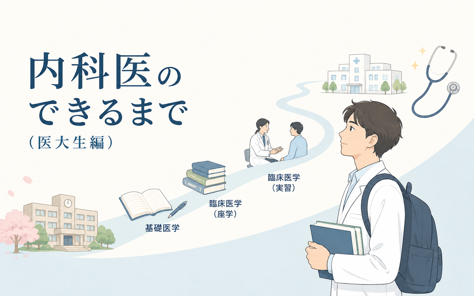 「内科医のできるまで（医大生編）」というタイトルのアイキャッチ画像。桜の咲く医学部の校舎から、基礎医学→臨床医学（座学）→臨床医学（実習）と段階を経て、その先にある病院を見上げる白衣姿の医学生（本とリュックを持つ）へと続く道を描いたイラスト。医学部での学びが段階を追って医師へとつながっていく成長の道のりを表現している。