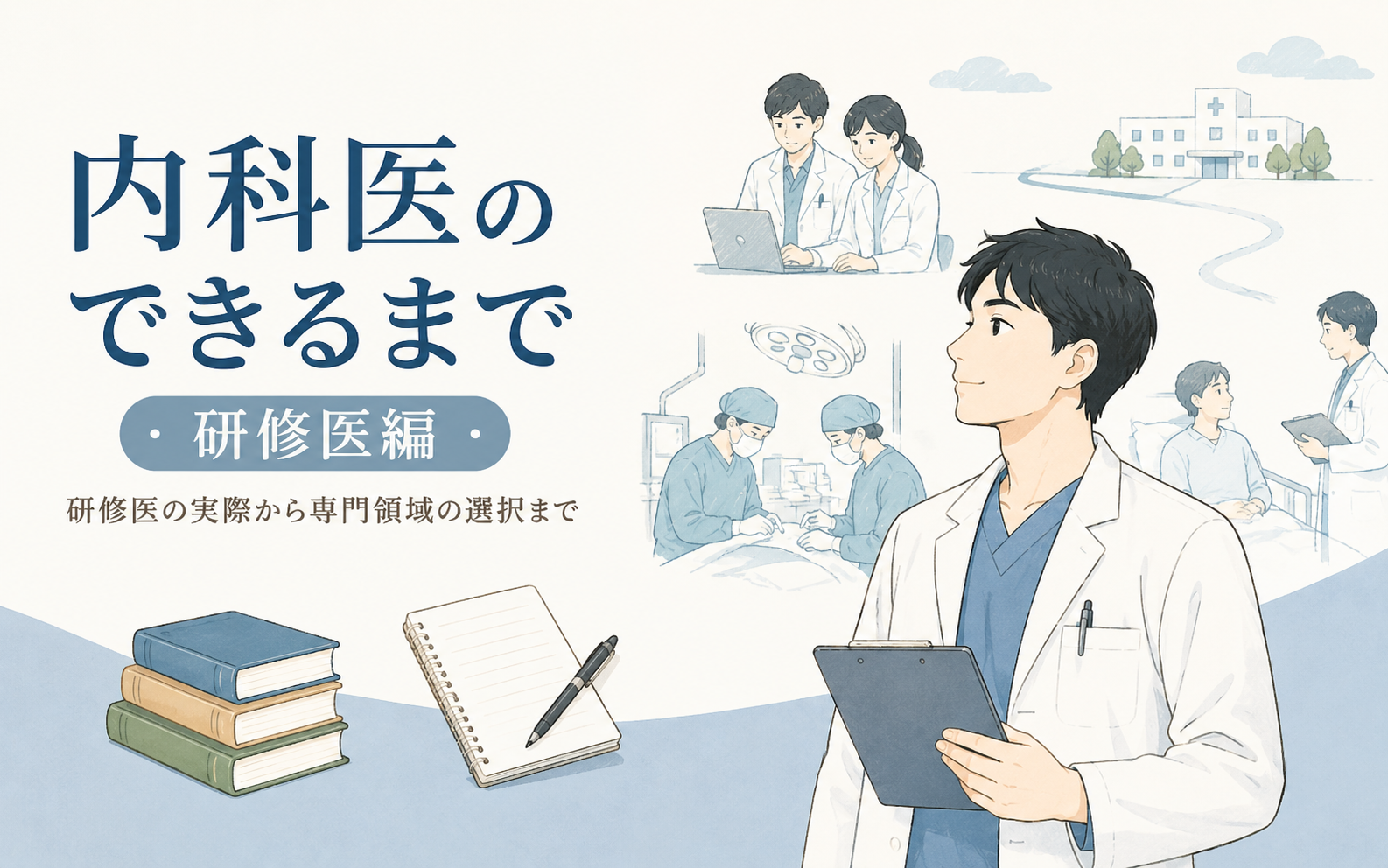 「内科医のできるまで（研修医編）」研修医の実際から専門領域の選択まで、というタイトルのアイキャッチ画像。クリップボードを持つ白衣姿の研修医を中心に、ノートパソコンで作業する2人の医師、手術室でのスタッフの様子、病棟で患者に対応する医師という3つの場面と、奥に見える病院の建物、手前に積まれた本とノートを描いたイラスト