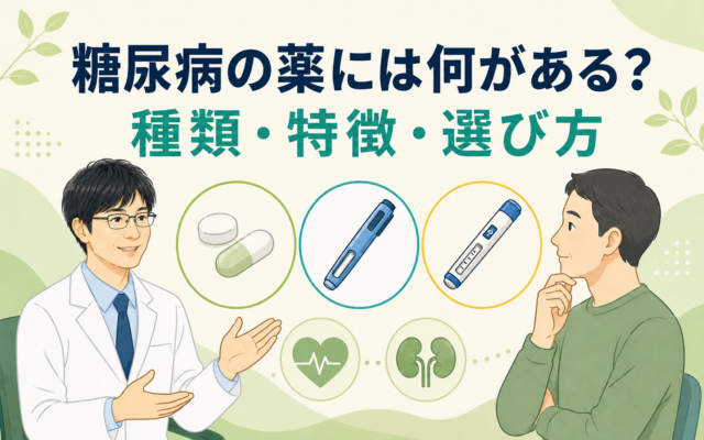 糖尿病の薬の種類・特徴・選び方を解説するイラスト。糖尿病専門医が患者に、飲み薬、インスリン以外の注射薬、インスリン製剤について説明している