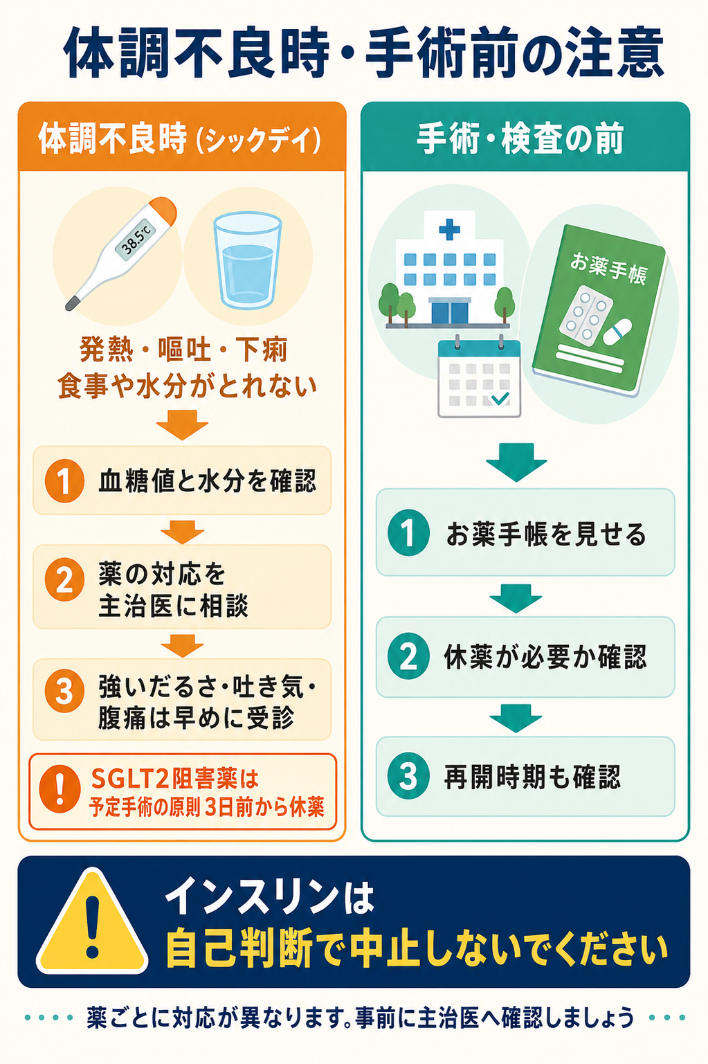 糖尿病の薬を使うときの体調不良時・手術前の注意を示す図。SGLT2阻害薬は予定手術の原則3日前から休薬すること、インスリンは自己判断で中止しないことを示す