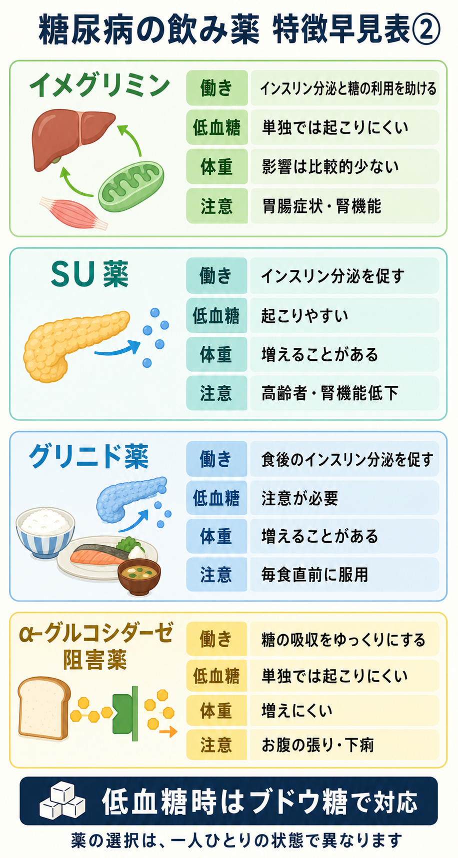糖尿病の飲み薬4系統(イメグリミン・SU薬・グリニド薬・α-グルコシダーゼ阻害薬)の働き・低血糖リスク・体重への影響・注意点をまとめた特徴早見表