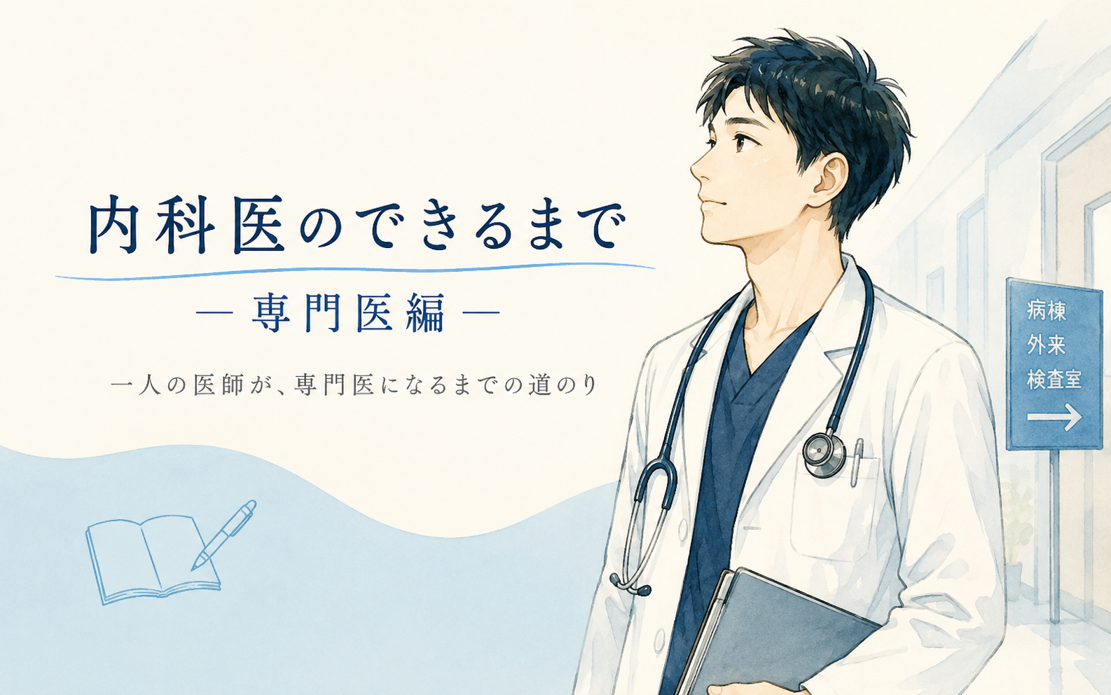 「内科医のできるまで ー専門医編ー」一人の医師が、専門医になるまでの道のり、というタイトルのアイキャッチ画像。聴診器を首にかけ書類を抱えた白衣姿の医師が、病棟・外来・検査室と書かれた案内標識のある病院の廊下を歩いている様子と、開いた本とペンのイラストを描いている