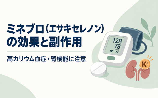 ミネブロ（エサキセレノン）の効果と副作用、高カリウム血症や腎機能への注意を示したイラスト