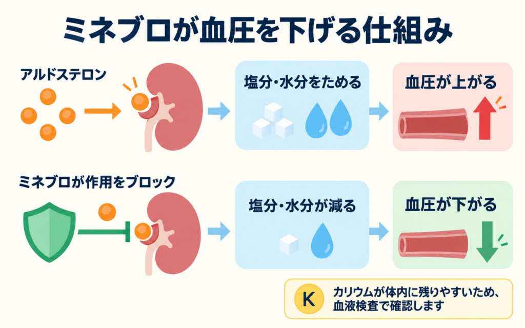 ミネブロが血圧を下げる仕組みを示す図解。上段はアルドステロンが腎臓に作用して塩分・水分をため、血圧が上がる通常の流れ、下段はミネブロがその作用をブロックすることで塩分・水分が減り、血圧が下がる仕組みを示している。カリウムが体内に残りやすくなるため血液検査で確認するという注意書きが添えられている