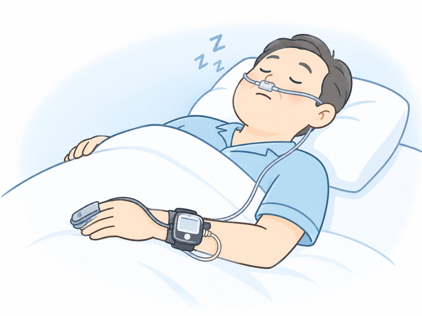 睡眠時無呼吸症候群の簡易検査で、鼻に呼吸センサー、指先にセンサー、手首に記録装置を装着して眠る男性のイラスト