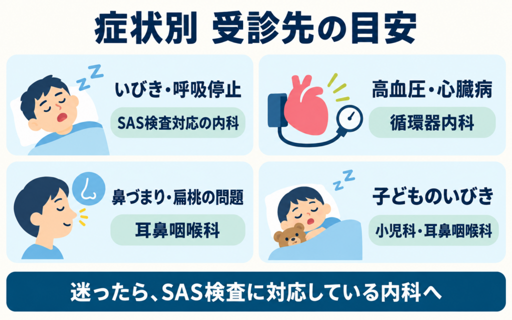睡眠時無呼吸症候群の症状別の受診先の目安を4つに分けて示した図。いびき・呼吸停止はSAS検査対応の内科、高血圧・心臓病は循環器内科、鼻づまり・扁桃の問題は耳鼻咽喉科、子どものいびきは小児科・耳鼻咽喉科。迷ったらSAS検査に対応している内科へ
