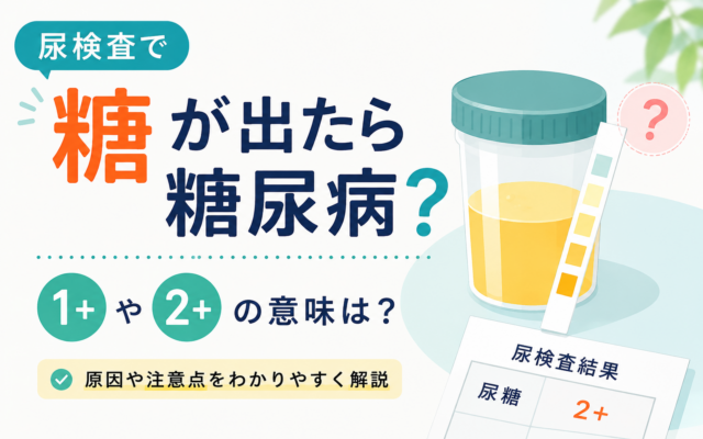 「尿検査で糖が出たら糖尿病？1+や2+の意味は？」というタイトルと「原因や注意点をわかりやすく解説」という説明文を示すアイキャッチ画像。尿検体容器と尿試験紙、「尿検査結果 尿糖 2+」と書かれた検査結果用紙のイラストに、疑問符のアイコンを添えている