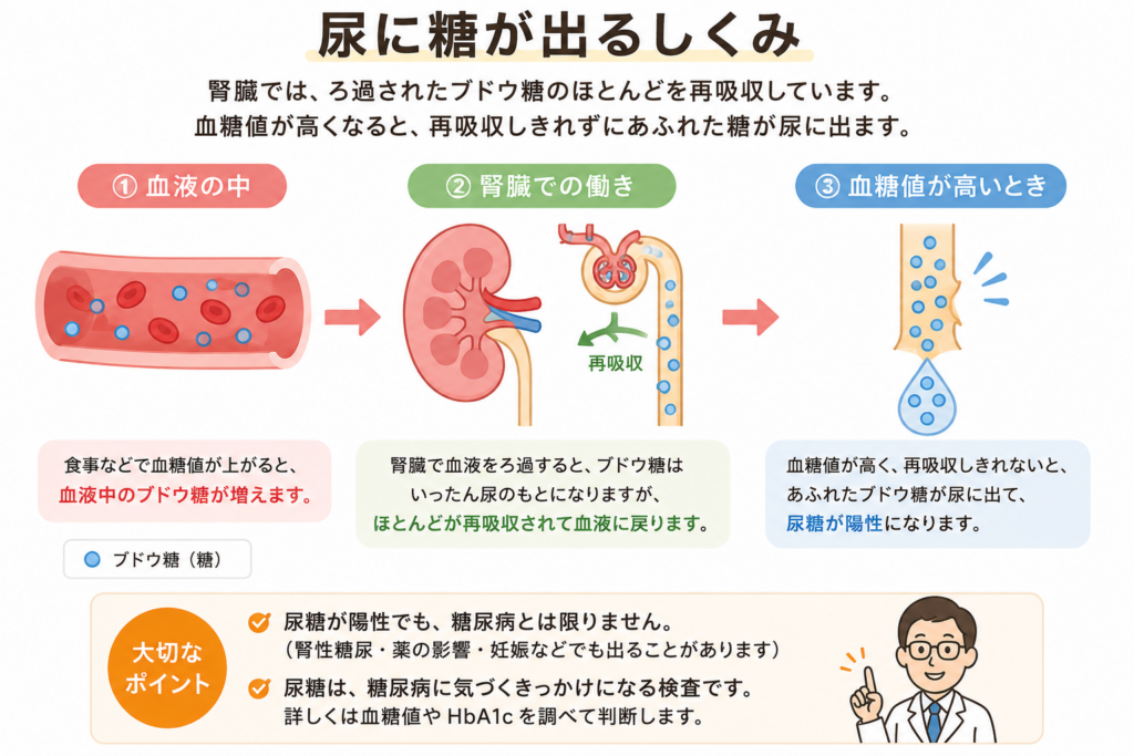 尿に糖が出るしくみを3段階で示した図解。①血液中:食事で血糖値が上がると血液中のブドウ糖が増える、②腎臓での働き:腎臓でろ過されたブドウ糖はほとんどが尿細管で再吸収され血液に戻る、③血糖値が高いとき:再吸収しきれずあふれたブドウ糖が尿に出て尿糖が陽性になる、という流れを表している。あわせて「尿糖が陽性でも糖尿病とは限らない(腎性糖尿・薬の影響・妊娠などでも出ることがある)」「尿糖は糖尿病に気づくきっかけになる検査で、詳しくは血糖値やHbA1cを調べて判断する」という2つのポイントを医師のイラストとともに示している