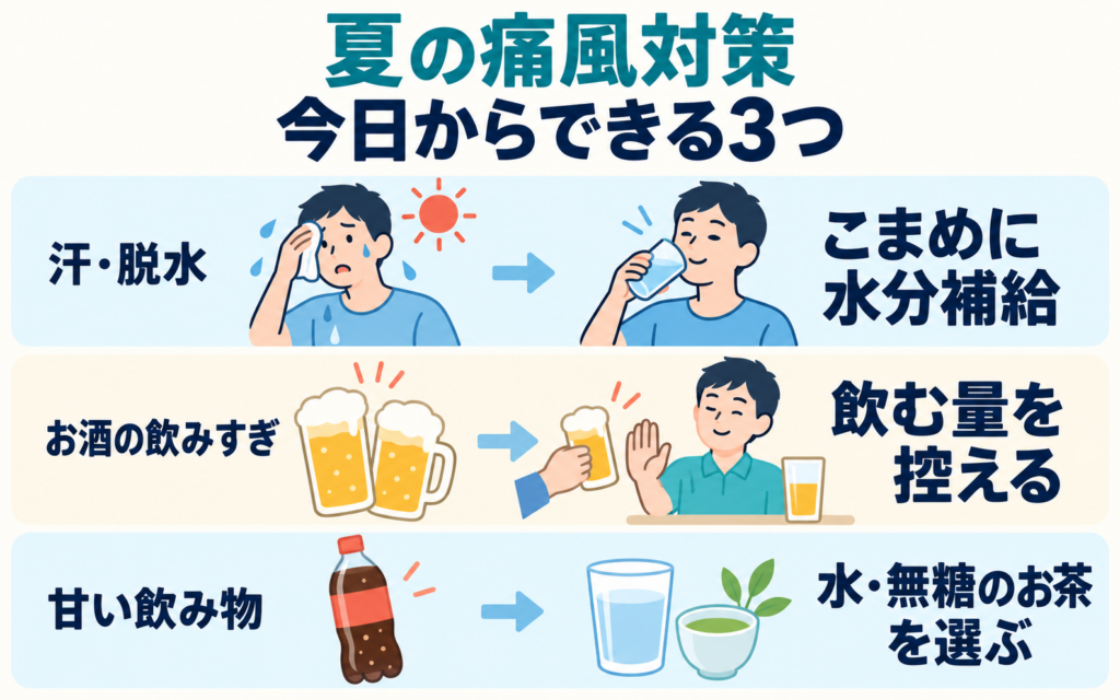 夏の痛風対策として今日からできる3つの習慣。汗・脱水にはこまめな水分補給、お酒の飲みすぎには飲む量を控える、甘い飲み物は水や無糖のお茶を選ぶことを示したイラスト
