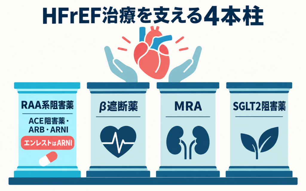 HFrEF治療を支える4本柱。RAA系阻害薬、β遮断薬、MRA、SGLT2阻害薬を示し、エンレストがARNIに含まれることを示す図