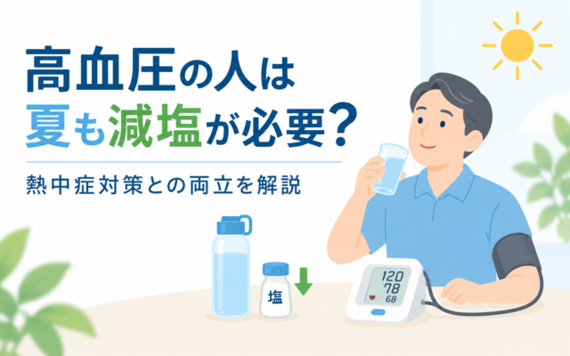 高血圧の人は夏も減塩が必要？熱中症対策との両立を解説、というタイトルのアイキャッチ画像。120/78mmHgを示す血圧計、水を飲む男性、水筒と塩の容器のイラストを配置している