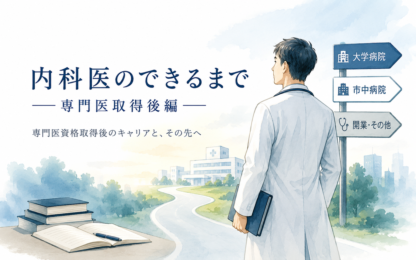 「内科医のできるまで ー専門医取得後編ー」専門医資格取得後のキャリアと、その先へ、というタイトルのアイキャッチ画像。白衣姿の医師の後ろ姿が、大学病院・市中病院・開業その他という3方向の標識が立つ道の分岐点で、奥に見える病院へと続く道を見つめている様子と、開いた本とノート・ペンのイラストを描いている