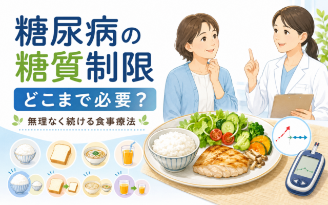 糖尿病の糖質制限を解説するアイキャッチ画像。患者と医師の会話イラスト、ご飯・パン・麺・ジュースの摂りすぎを見直す工夫（大盛り→普通盛り等）、バランスの良い食事、血糖測定器のイラスト