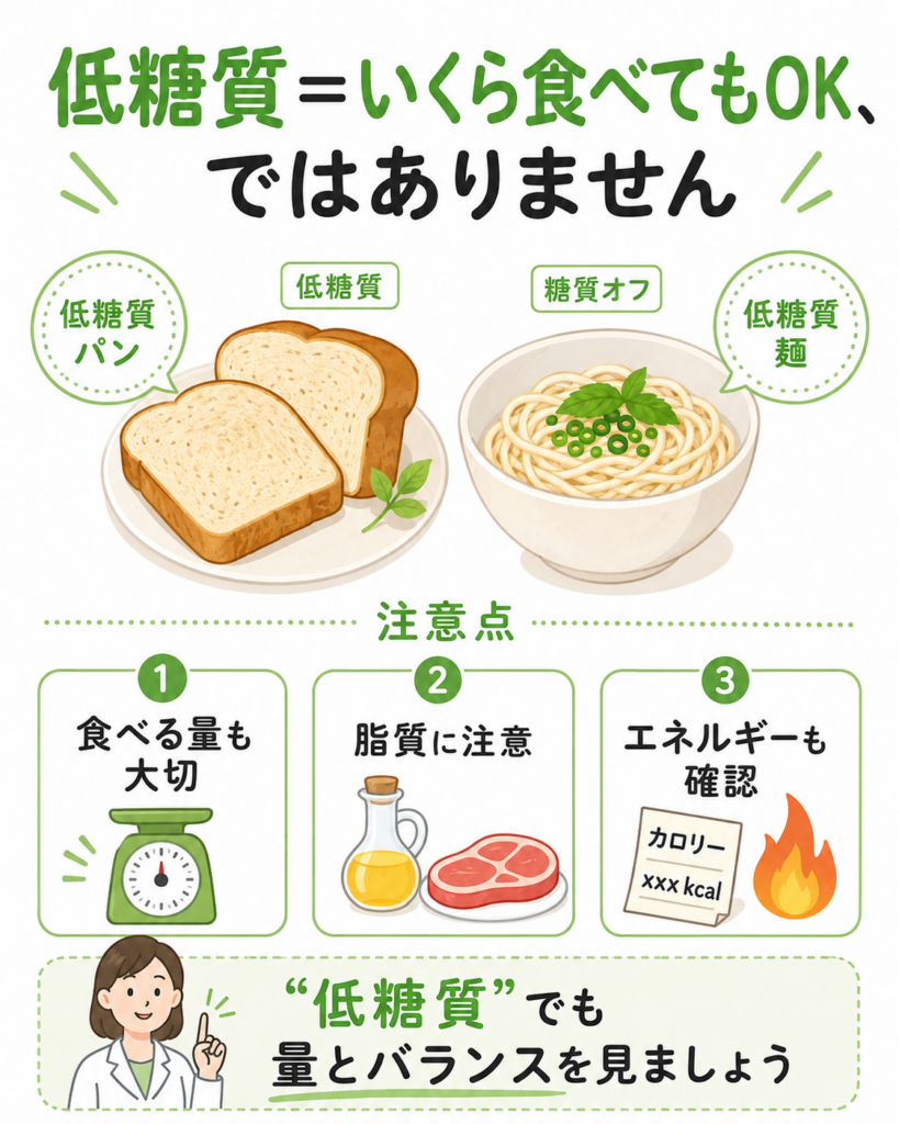 低糖質食品を選ぶ際の注意点(食べる量・脂質・エネルギー量の確認)を示すイラスト。低糖質だからといって量を気にせず食べてよいわけではないことを説明する図