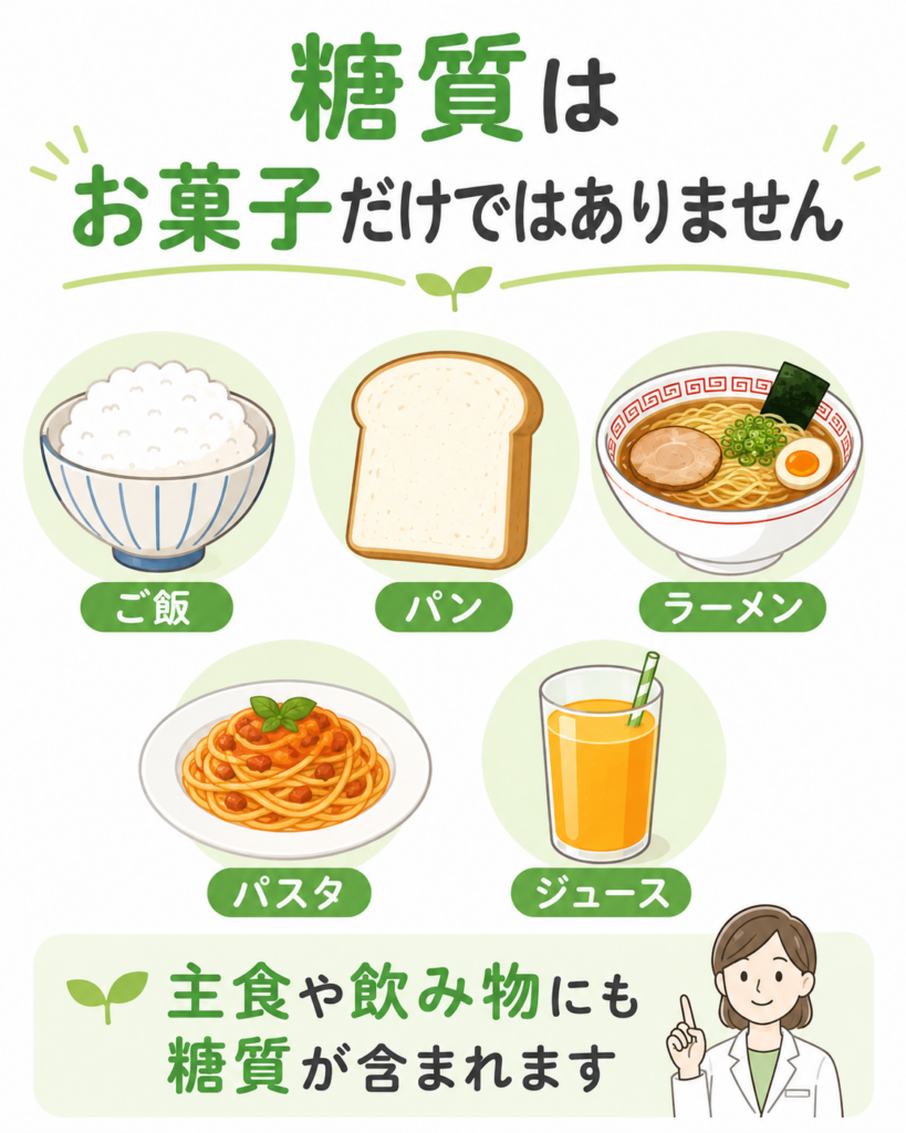 糖質を含む食品の例(ご飯・パン・ラーメン・パスタ・ジュース)。糖質はお菓子だけでなく主食や飲み物にも含まれることを示すイラスト