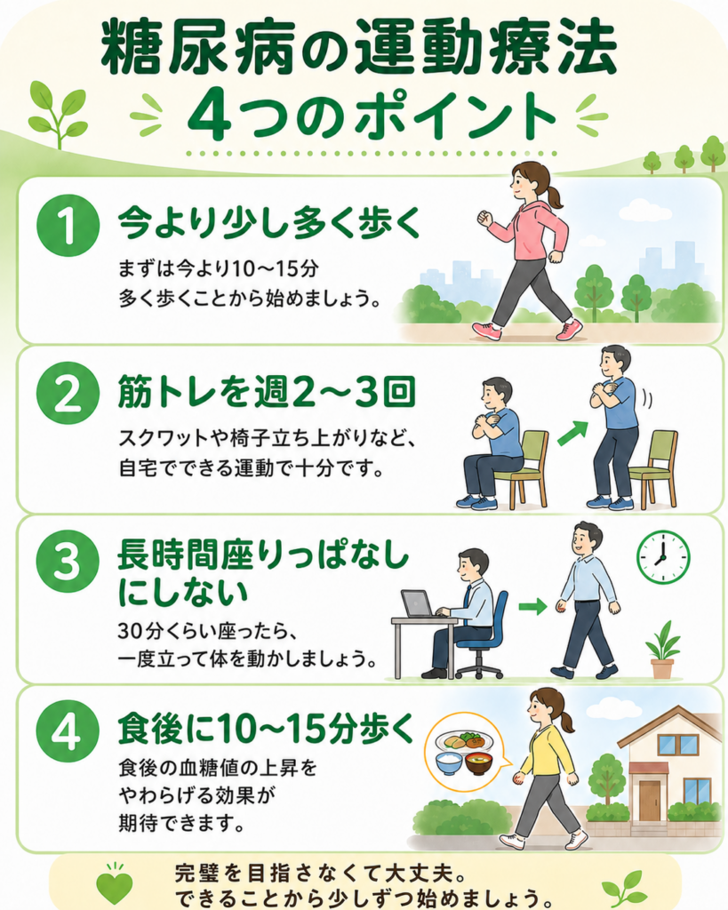 糖尿病の運動療法4つのポイント(今より少し多く歩く、筋トレを週2〜3回、長時間座りっぱなしにしない、食後に10〜15分歩く)