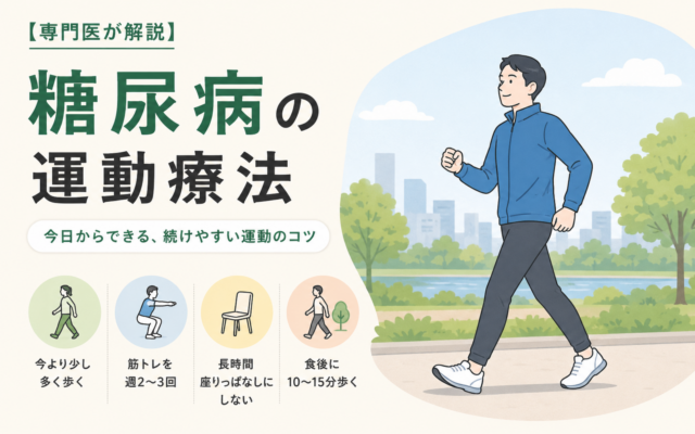 糖尿病の運動療法を解説するアイキャッチ画像。ウォーキングする男性のイラストと、今より多く歩く・筋トレ週2〜3回・座りっぱなし防止・食後に10〜15分歩くの4つのポイント