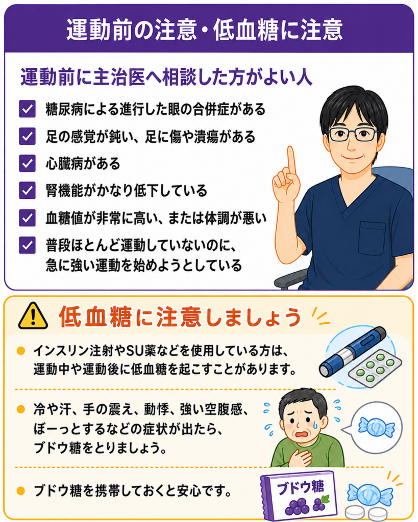 運動前に主治医へ相談した方がよい人のチェックリストと低血糖への注意点
