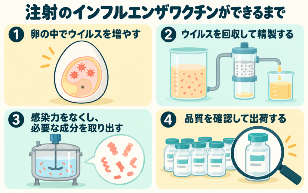 注射のインフルエンザワクチンができるまでの4つの工程のイラスト。卵の中でウイルスを増やし、回収して精製し、感染力をなくして必要な成分を取り出し、品質を確認して出荷する