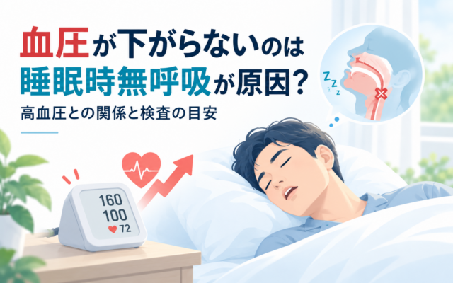 高い数値を示す血圧計と上昇する矢印、気道が塞がる断面図、いびきをかいて眠る男性を描いた、血圧が下がらない原因としての睡眠時無呼吸症候群を解説する記事のアイキャッチ画像