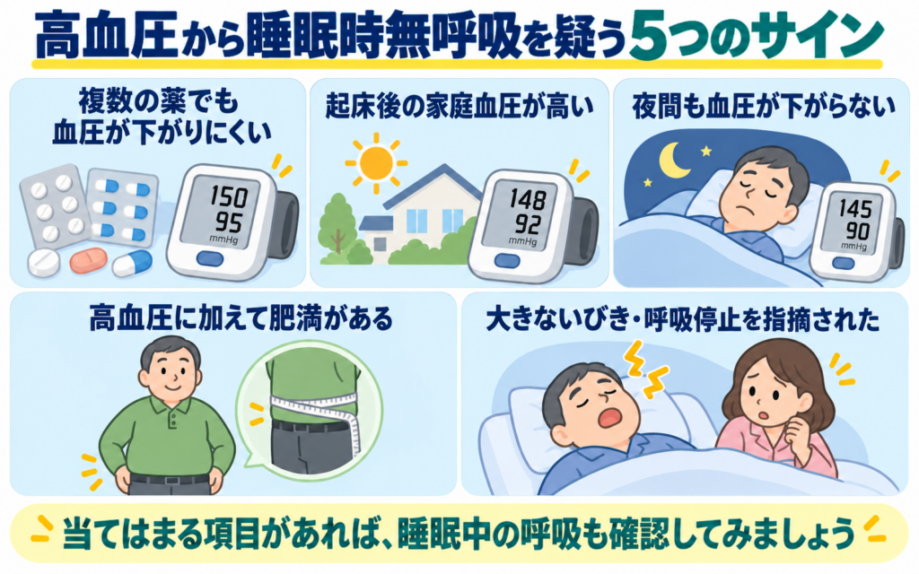 複数の薬でも血圧が下がりにくい、起床後の家庭血圧が高い、夜間も血圧が下がらない、高血圧に加えて肥満がある、大きないびきや呼吸停止を指摘されたという、高血圧から睡眠時無呼吸を疑う5つのサインを示した図解