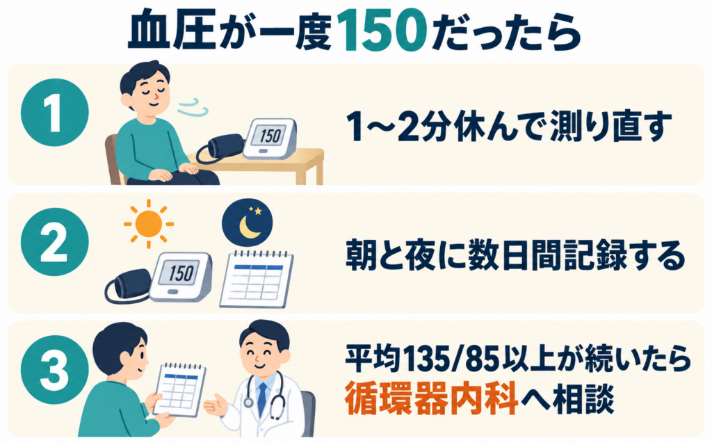 血圧が一度150mmHgだったときの対応3ステップの図解。1~2分休んで測り直す、朝と夜に数日間記録する、平均135/85mmHg以上が続いたら循環器内科へ相談する、という流れをイラストで示している