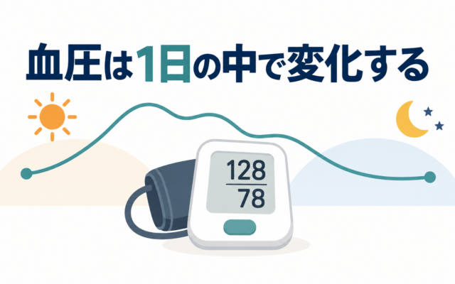 血圧は1日の中で変化することを示すアイキャッチ画像。上腕式血圧計（128/78mmHg）を中央に置き、朝日から月へと移り変わる背景の上に、昼間に上がり夜間に下がる1日の血圧変動の曲線を重ねている