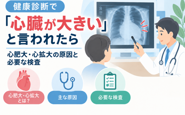健康診断で『心臓が大きい』と指摘された患者に医師が胸部レントゲンを示しながら説明するイラスト。心肥大・心拡大の原因と必要な検査を解説する記事のアイキャッチ