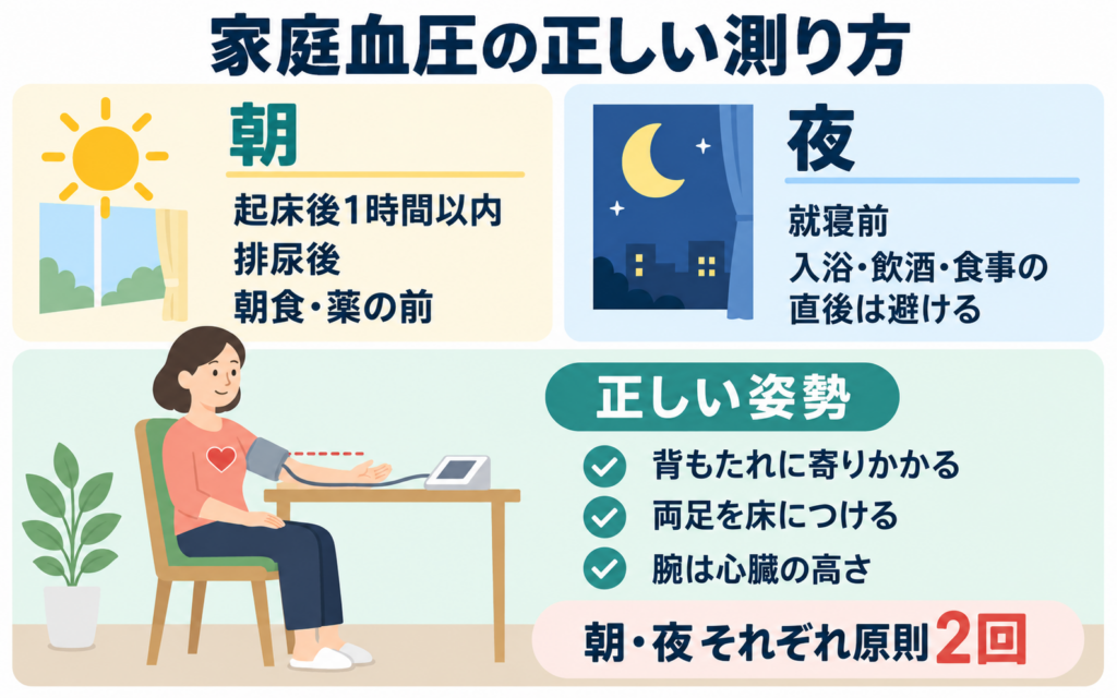 家庭血圧の正しい測り方の図解。朝は起床後1時間以内・排尿後・朝食と薬の前、夜は就寝前で入浴や飲酒・食事の直後を避けること、背もたれに寄りかかり両足を床につけて腕を心臓の高さにする正しい姿勢、朝と夜それぞれ原則2回測ることを示している