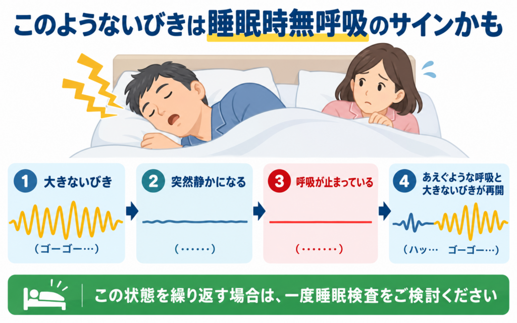 大きないびきが続いた後に急に静かになり、呼吸が止まり、あえぐような呼吸とともにいびきが再開するという睡眠時無呼吸症候群の危険な呼吸パターンを示した図解