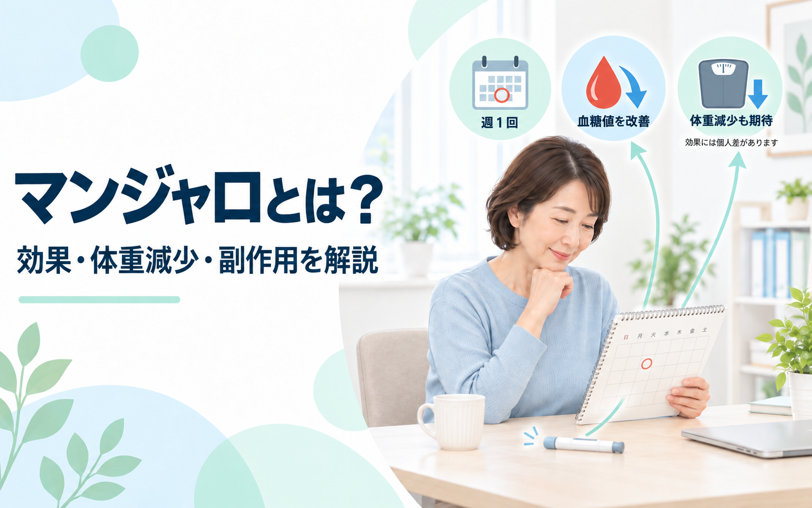 マンジャロについて、カレンダーで週1回の接種日を確認する女性と注射器のイラスト。血糖値の改善・体重減少も期待できることを示すアイコンとともに、効果・体重減少・副作用を解説する記事であることを紹介している