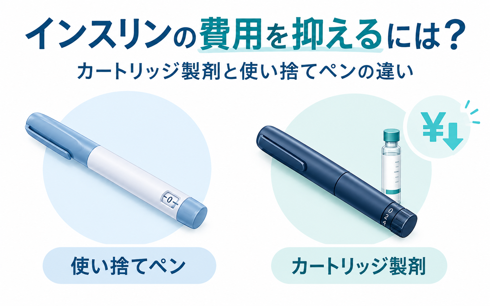 使い捨てペンとカートリッジ製剤のインスリン注入器を並べ、カートリッジ製剤側に費用が下がることを示す矢印アイコンを配した『インスリンの費用を抑えるには？カートリッジ製剤と使い捨てペンの違い』のアイキャッチ画像