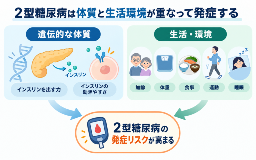 2型糖尿病は遺伝的な体質と生活環境が重なって発症することを示した図。インスリンを出す力やインスリンの効きやすさといった体質に、加齢・体重・食事・運動・睡眠が加わると2型糖尿病の発症リスクが高まる